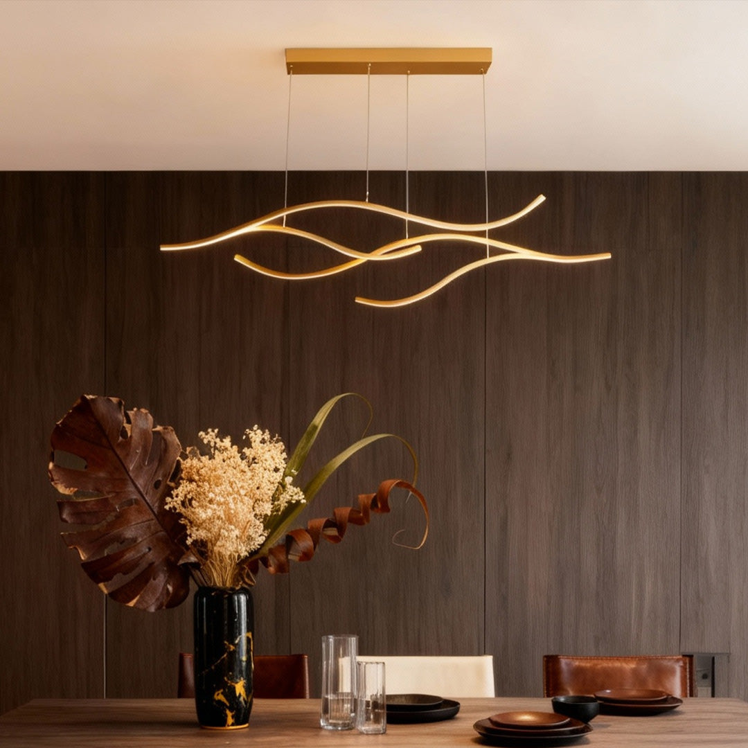 Curved LED pendant light with wave-shaped design