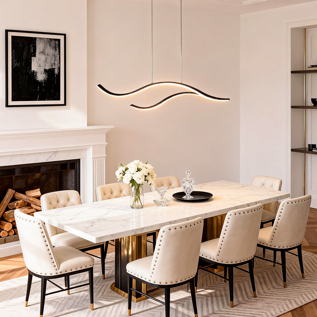 Curved LED pendant light with wave-shaped design