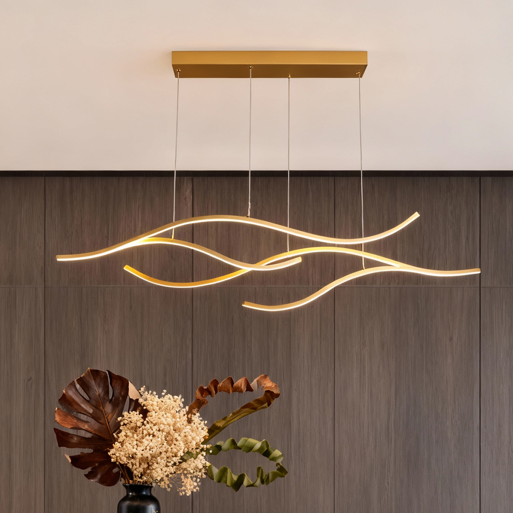 Curved LED pendant light with wave-shaped design
