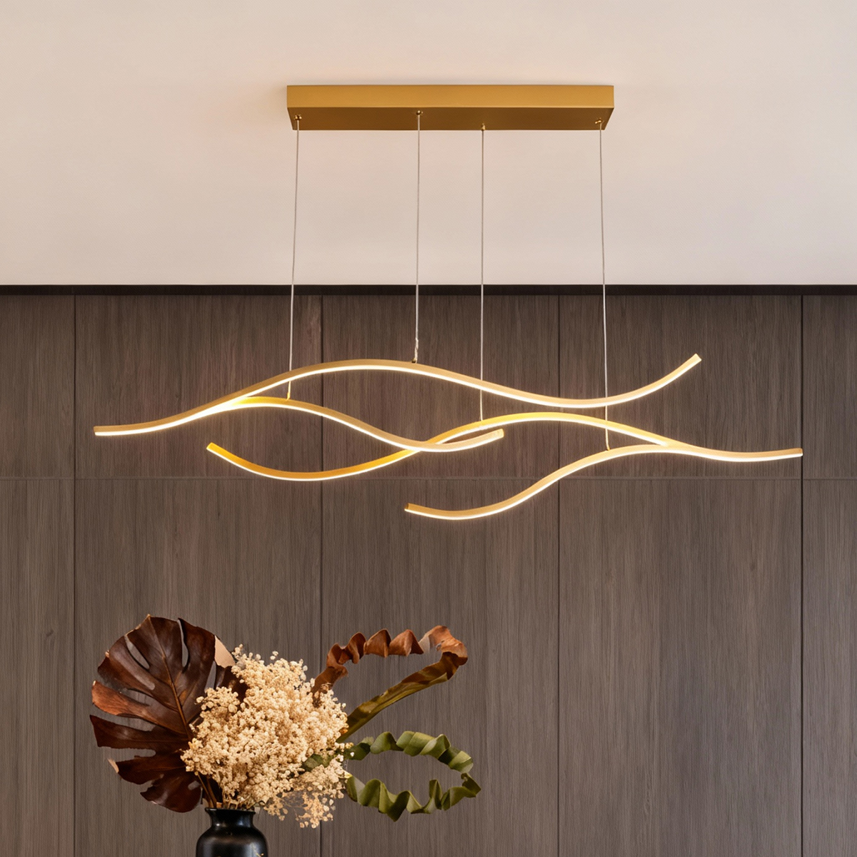 Curved LED pendant light with wave-shaped design