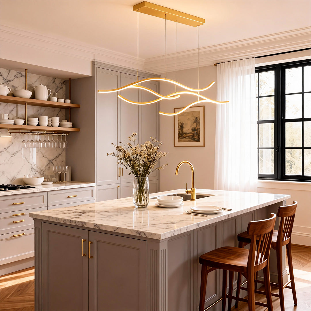 Curved LED pendant light with wave-shaped design
