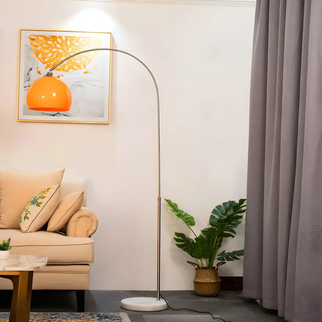 Modern curved metal LED floor lamp with orange dome shade