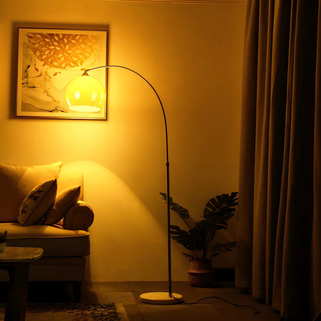 Modern curved metal LED floor lamp with orange dome shade