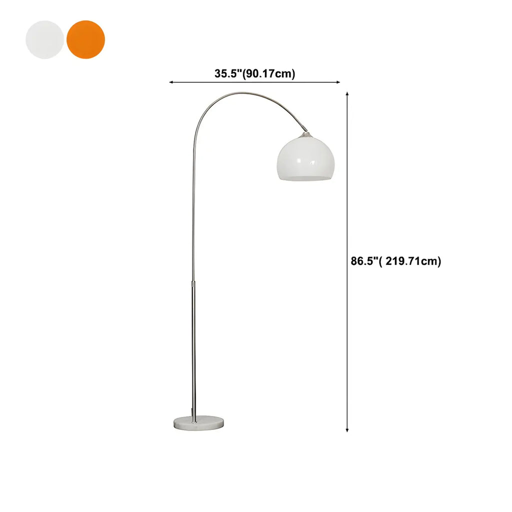 Modern curved metal LED floor lamp with orange dome shade