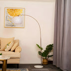 Modern curved metal LED floor lamp with orange dome shade
