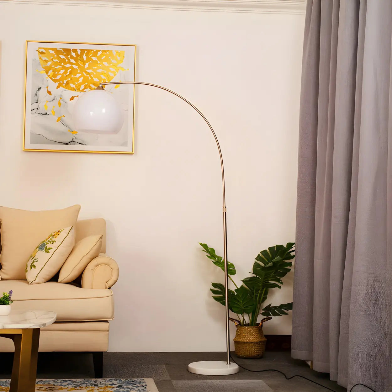 Modern curved metal LED floor lamp with orange dome shade