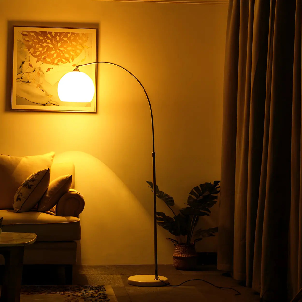 Modern curved metal LED floor lamp with orange dome shade