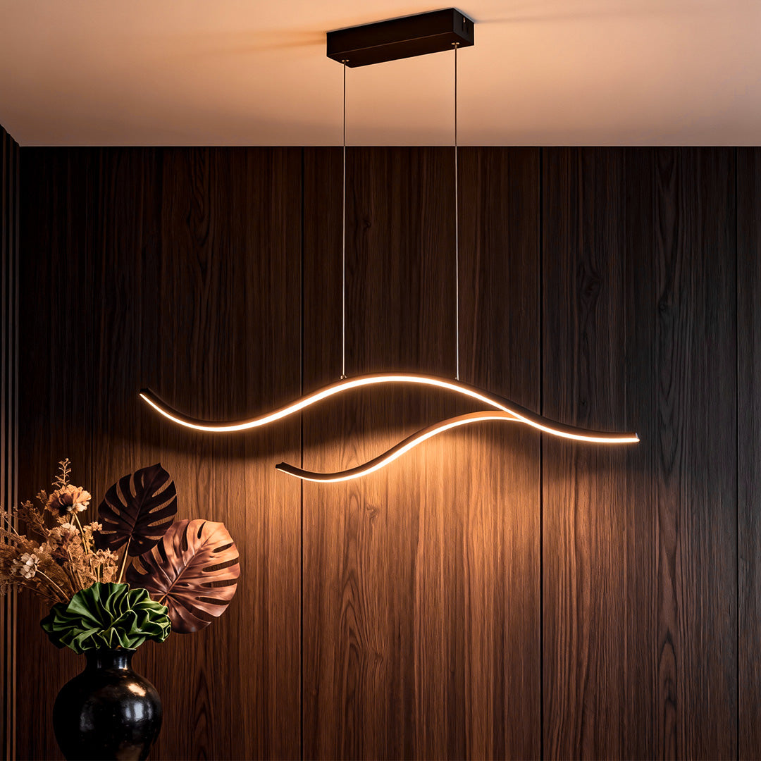 Curved LED pendant light with wave-shaped design